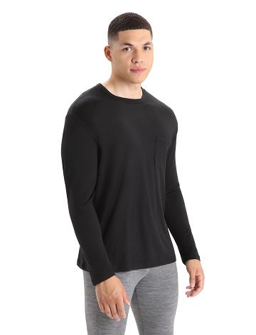 Black Men's Icebreaker Merino Granary Pocket T-Shirt Long Sleeve | USA 1239NWYB